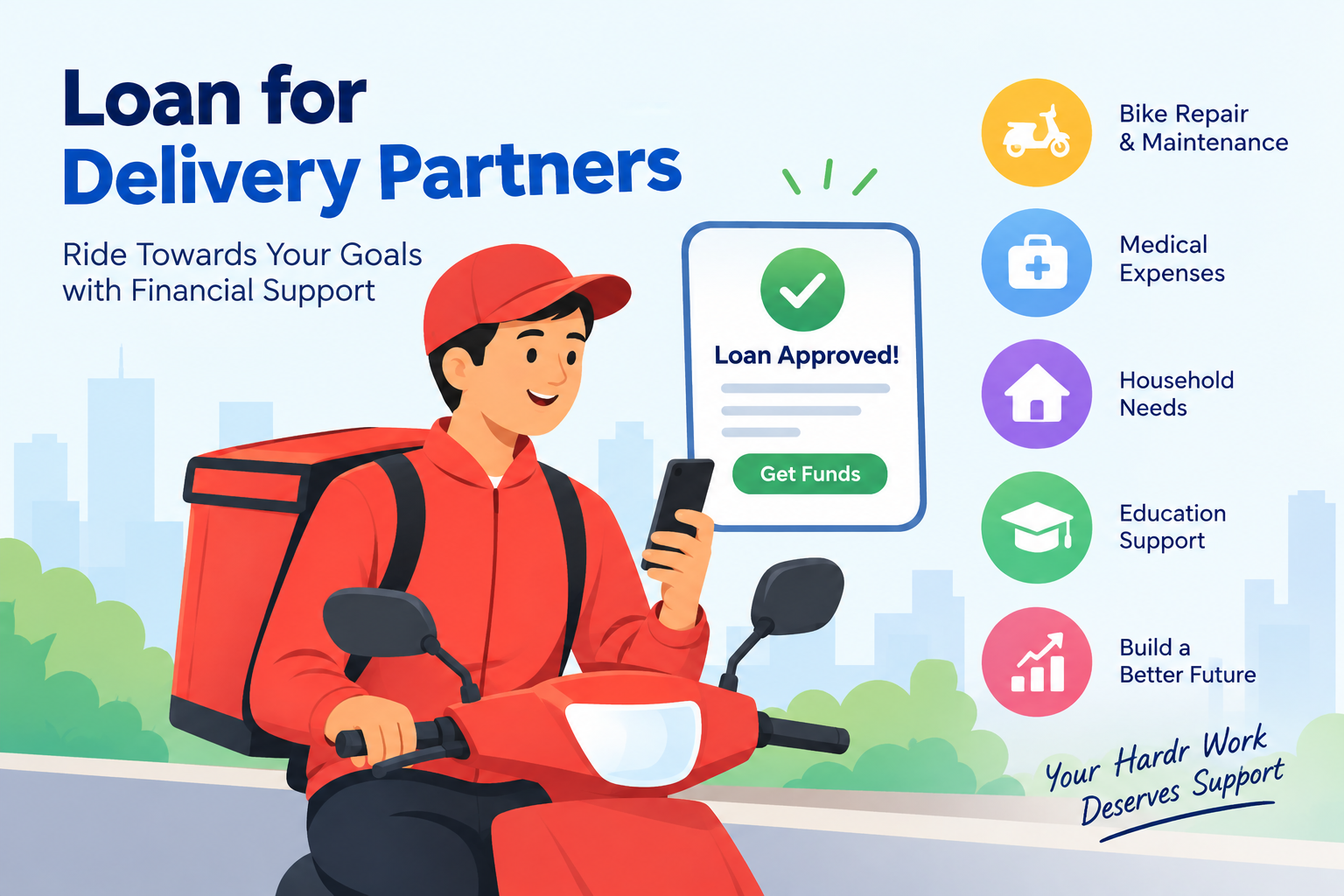 Loan for delivery partners in India featuring a delivery rider with a scooter and loan approval screen, highlighting financial support for bike repairs, medical expenses, household needs, and education.